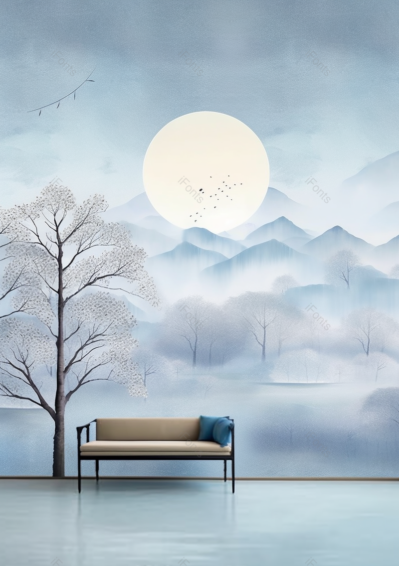 现代中式树木沙发插画背景,插画/手绘图,插画/手绘图库,插画/手绘图下载,插画/手绘